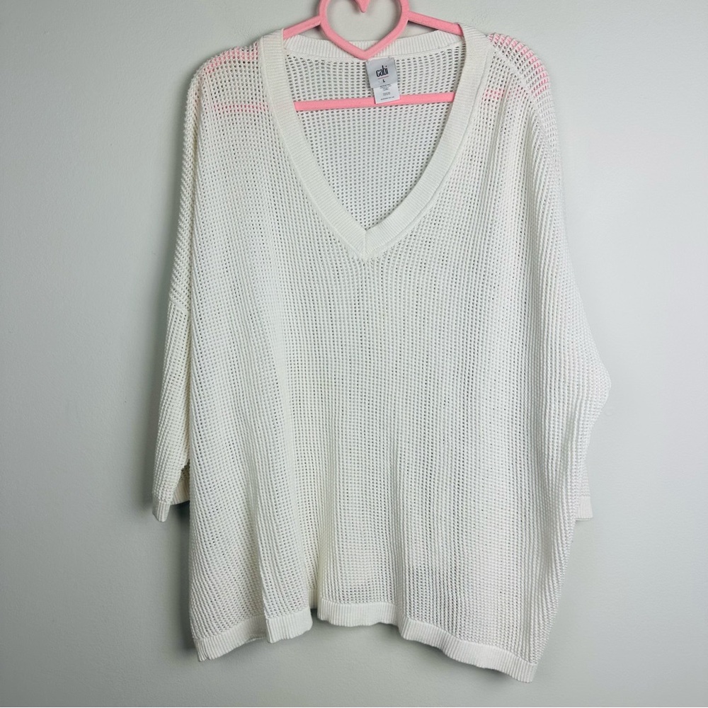 CAbi White V-Neck Sweater Knit Relaxed Fit Size Large